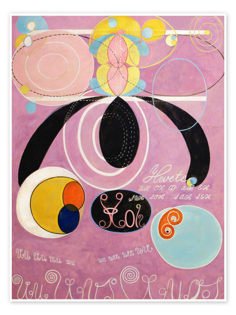 Quadre de la pintora sueca Hilma af Klint, amb formes abstractes, colors vius i composicions geomètriques. L’espai Art Encès treballa la recuperació de dones oblidades a la història de l’art, tant en pintura figurativa com abstracta.